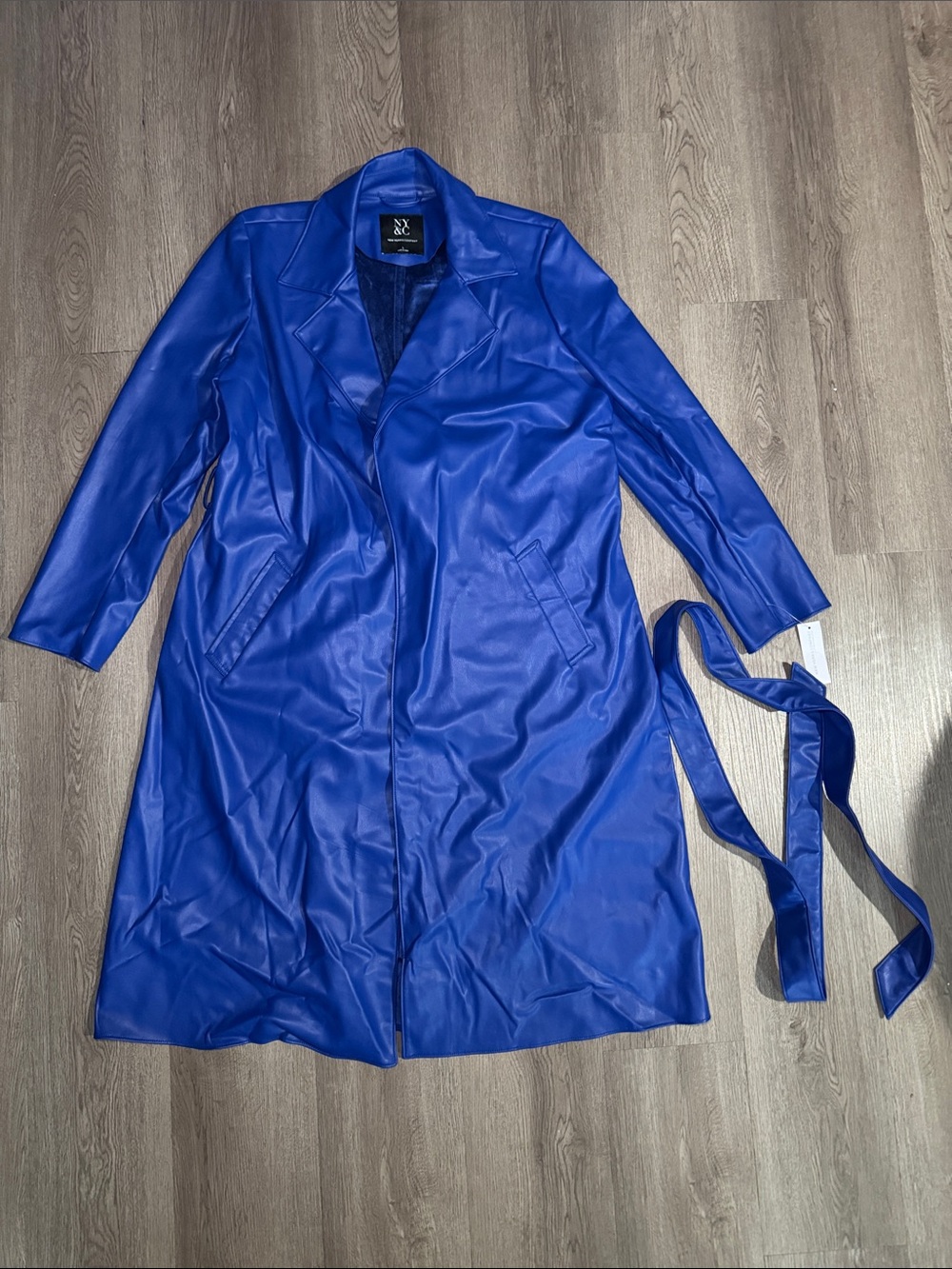 New York & Company Electric Blue Faux Leather Trench Coat